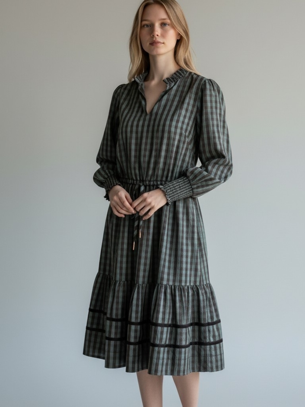 Draper James Women's Green Plaid Long Sleeve Midi Dress